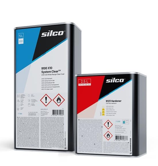 Silco 9100 X10 UHS Clear Coat & 9123 Fast Hardener – 5L Clear + 2.5L Hardener, Gloss Retention for Auto Paint, Easy Application 7.5 litres Kit