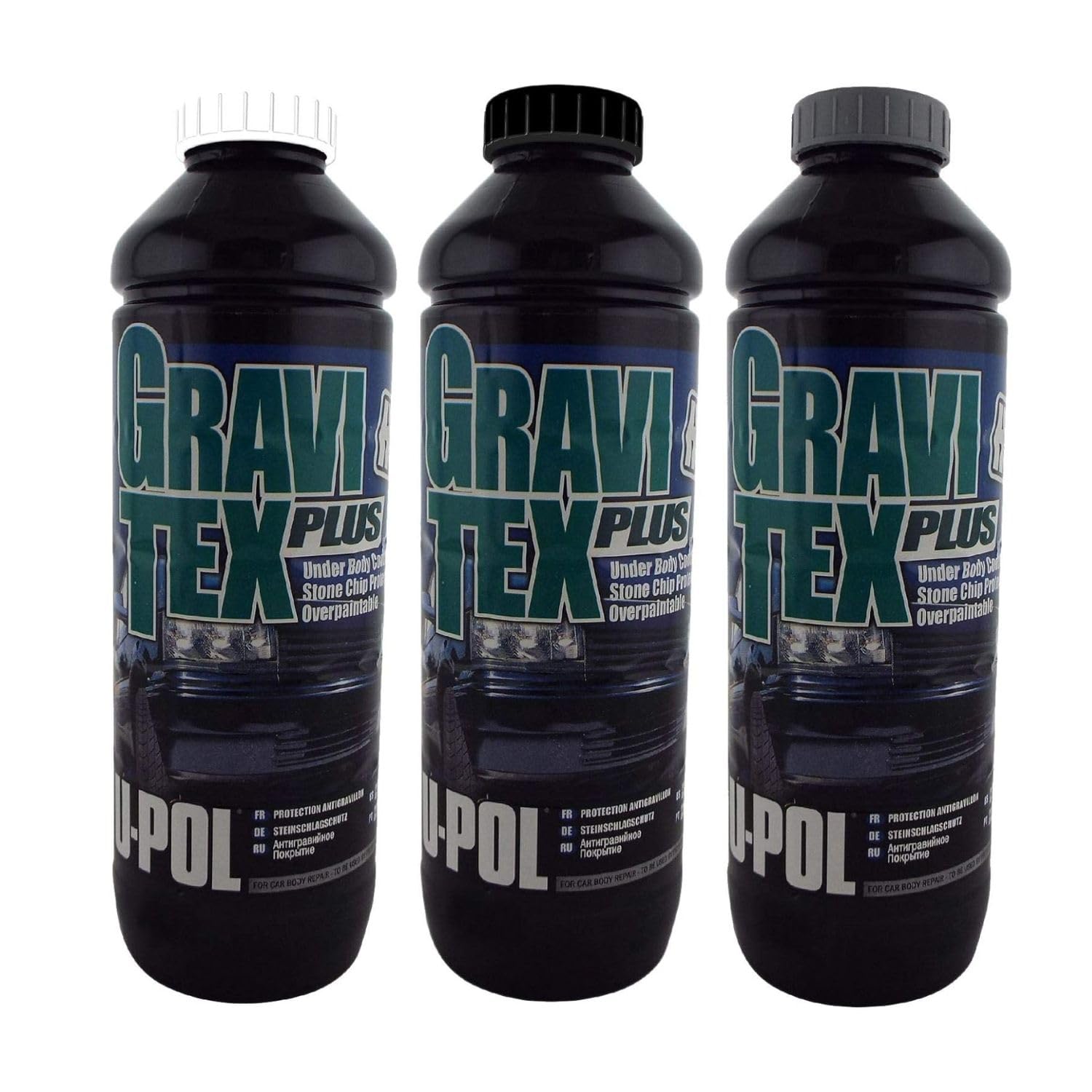 UPOL Gravitex Plus HS Stone Chip Protector – Pack of 3 (1L Bottle of White, Black & Grey Colour) - Overpaintable High Build OEM Textured Primer - 1K Solvent Based Coating - For Vehicle Underbodies