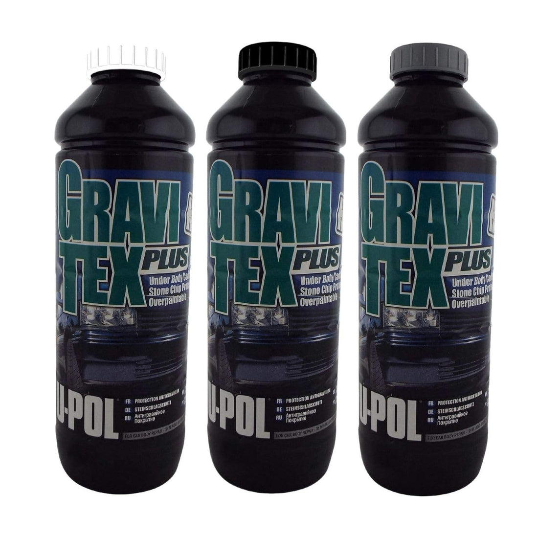 UPOL Gravitex Plus HS Stone Chip Protector – Pack of 3 (1L Bottle of White, Black & Grey Colour) - Overpaintable High Build OEM Textured Primer - 1K Solvent Based Coating - For Vehicle Underbodies