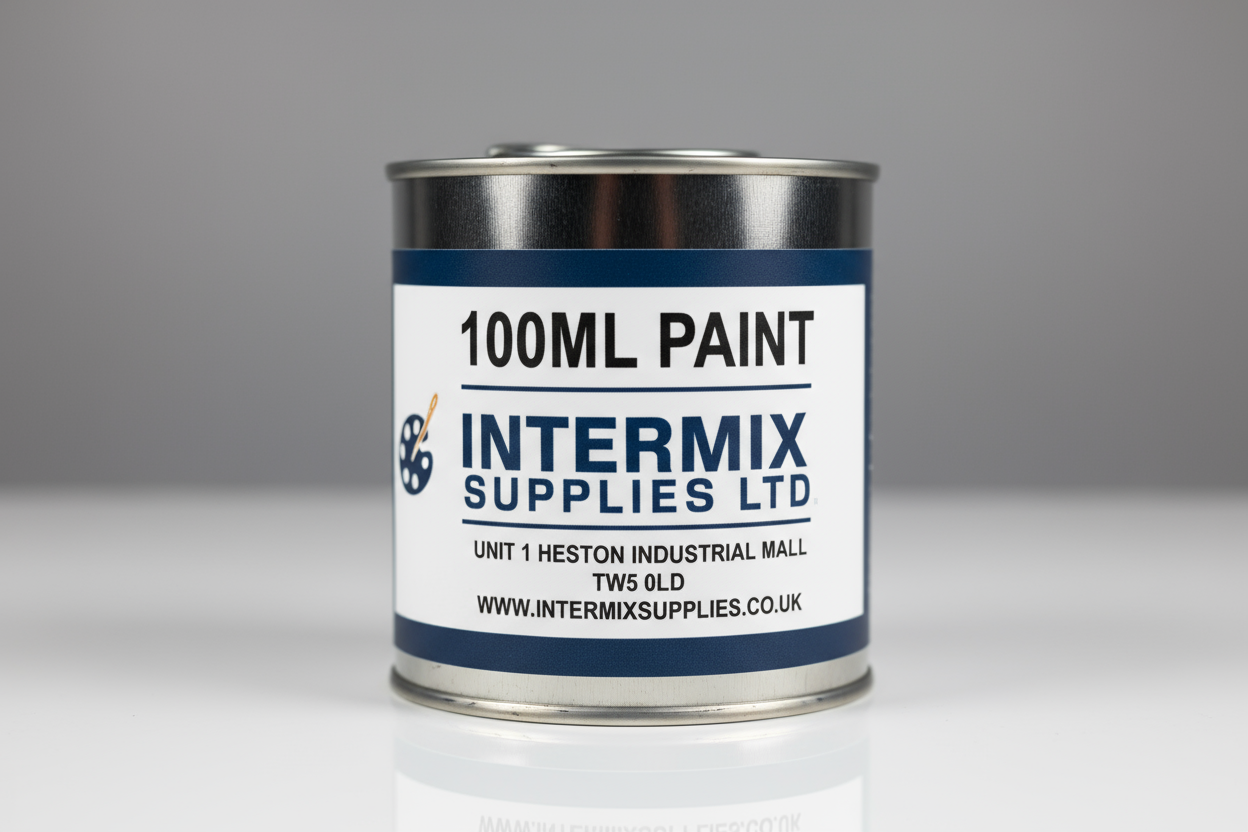 100ML PAINT INTERMIX SUPPLIES LTD UNIT 1 HESTON INDUSTRIAL MAILL TW5 0LD WWW.INTERMIXSUPPLIES.CO.UK WRITTEN ON A PAINT TIN 