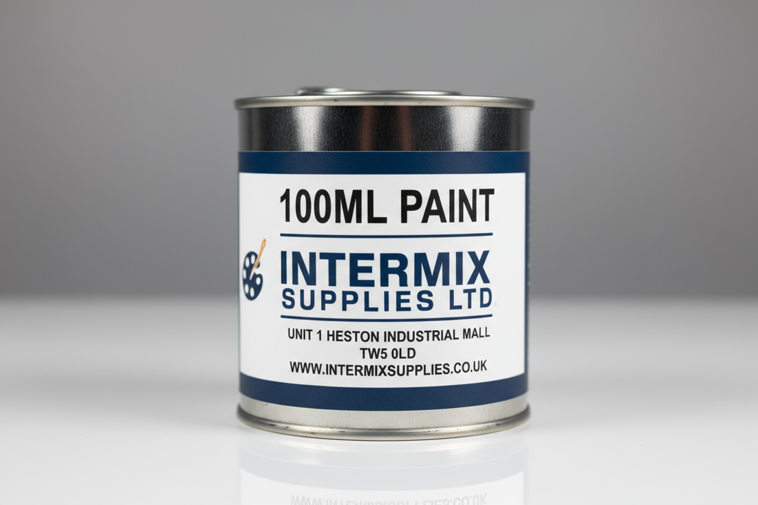 100ML PAINT INTERMIX SUPPLIES LTD UNIT 1 HESTON INDUSTRIAL MAILL TW5 0LD WWW.INTERMIXSUPPLIES.CO.UK WRITTEN ON A PAINT TIN 