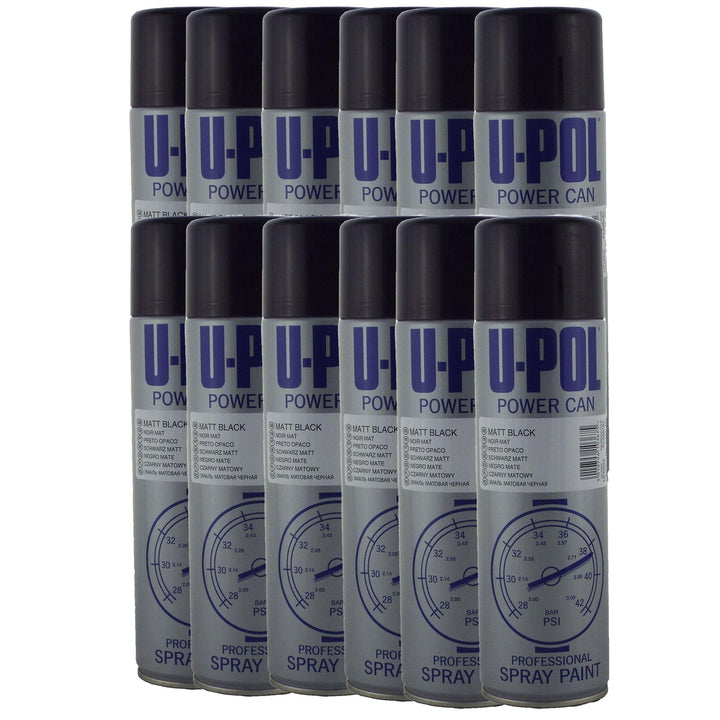 UPol U-Pol 12 x Power Can MATT BLACK Paint 500ml Aerosol Powercan Matt Black - Durable top coat with a matt finish 12 x 500ml Aerosol Cans