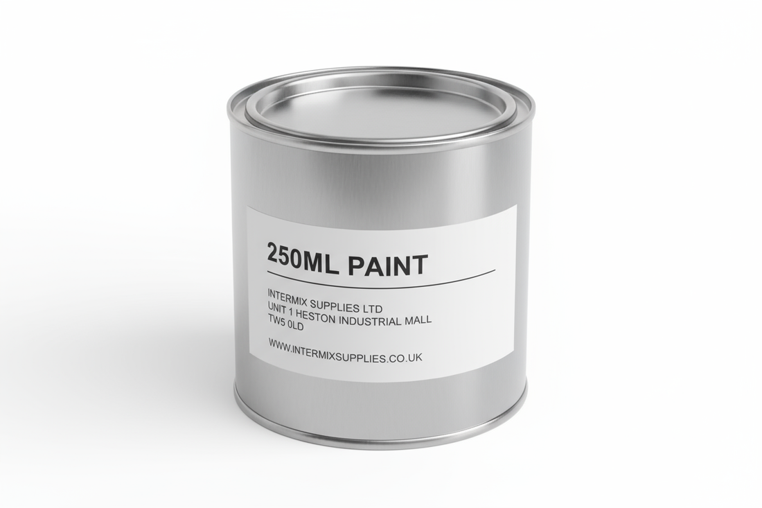 250ML PAINT INTERMIX SUPPLIES LTD UNIT 1 HESTON INDUSTRIAL MAILL TW5 0LD WWW.INTERMIXSUPPLIES.CO.UK WRITTEN ON A PAINT TIN 