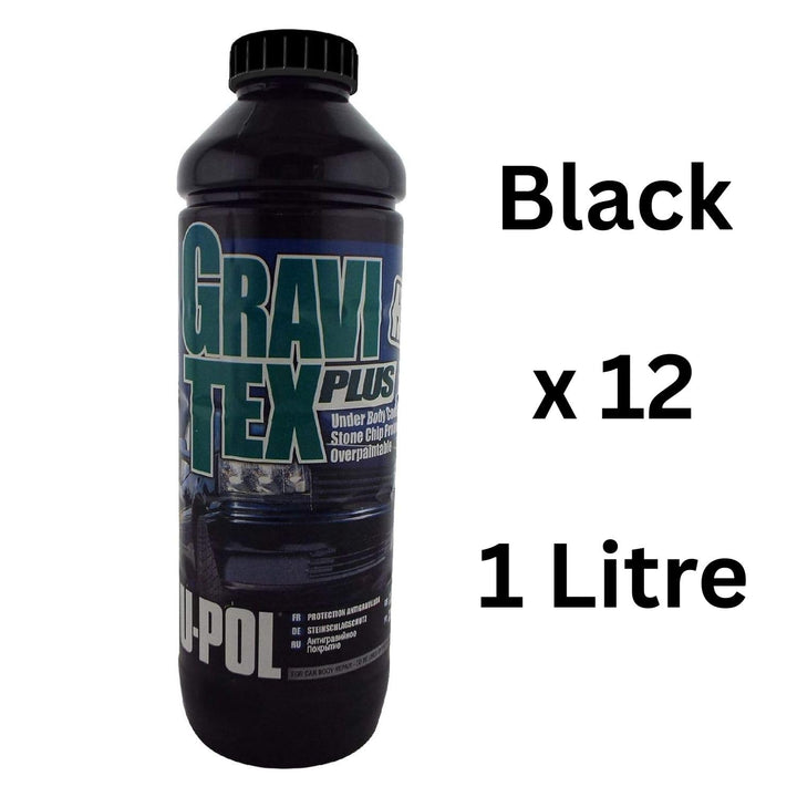UPOL Gravitex Plus HS Stone Chip Protector – Pack of 12 x 1 Litre Black, Grey or White Overpaintable Primer & Air Application Gun - High Build OEM Textured Primer - 1K Solvent Based Coating - For Vehicle Underbodies
