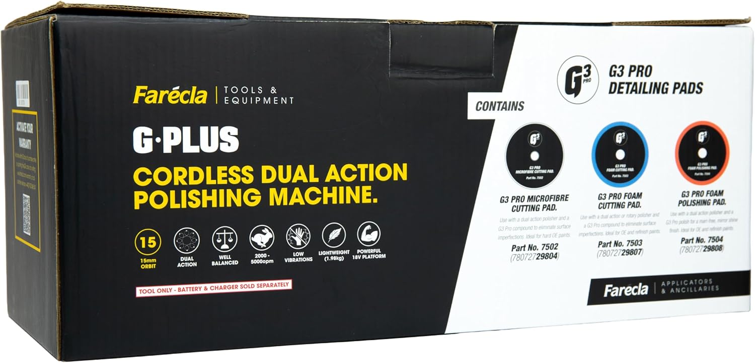 Farécla G Plus Cordless Dual Action Polishing Machine Tool Only (GPT250) - 18V DA Polisher with 15mm Throw, Includes G3 Pro Polishing Pad Set, 2 Year Warranty