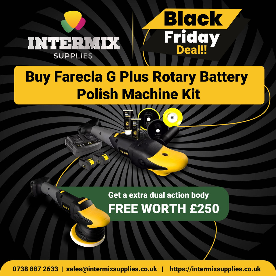 Advertisement for Intermix Supplies' Black Friday deal on Farecla G Plus Rotary Battery Polish Machine Kit with additional free dual action body offer.