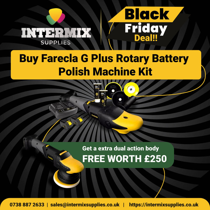 Advertisement for Intermix Supplies' Black Friday deal on Farecla G Plus Rotary Battery Polish Machine Kit with additional free dual action body offer.