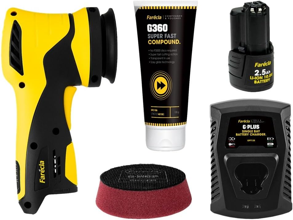 Farécla G Plus Rotary Mini Polisher Kit GPT025– Cordless 10.8V Rotary Tool with 74mm Plate, Battery, Charger, G Mop Pad & G360 Compound