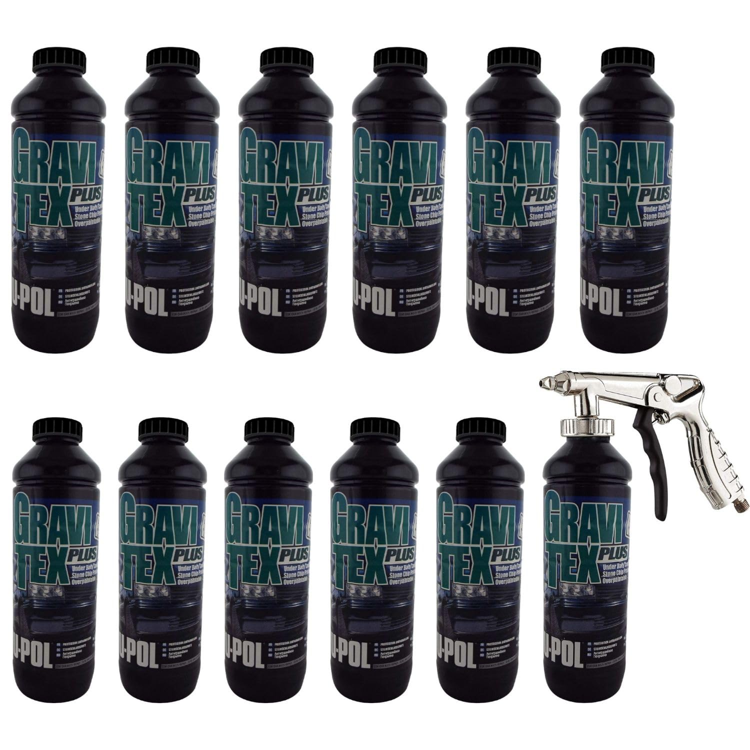 UPOL Gravitex Plus HS Stone Chip Protector – Pack of 12 x 1 Litre Black, Grey or White Overpaintable Primer & Air Application Gun - High Build OEM Textured Primer - 1K Solvent Based Coating - For Vehicle Underbodies