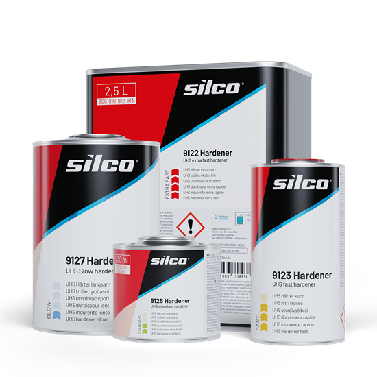 Silco 9100 Fast Drying UHS Clear Coat & 9122 Extra Fast Hardener Combo - High Gloss, Long-Lasting Gloss Retention, Excellent Leveling, VOC Compliant - 5L Clear Coat + 2.5L Hardener