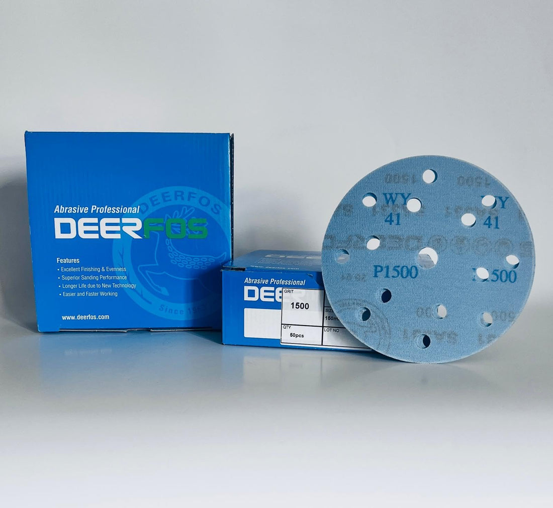 150mm 6 inch Wet and Dry Sanding Discs 15 Hole Pads Film Hook and Loop Sandpaper DEERFOS Pack of 50 P1500