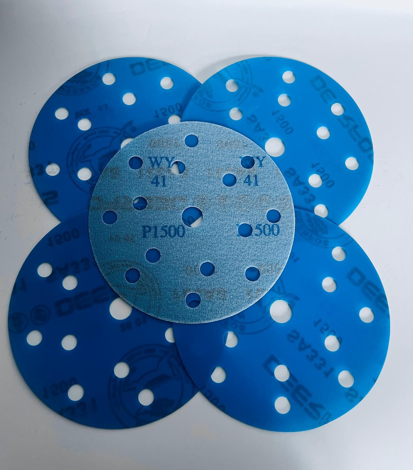 150mm 6 inch Wet and Dry Sanding Discs 15 Hole Pads Film Hook and Loop Sandpaper DEERFOS Pack of 50 P1500