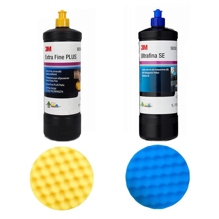 3M 80349 Extra Fine Plus Light abrasive polishing paste + 3M 50383 Ultrafina SE Anti-hologram Finishing Compound + 2x 3M Polishing pads (150 mm) one of each colour