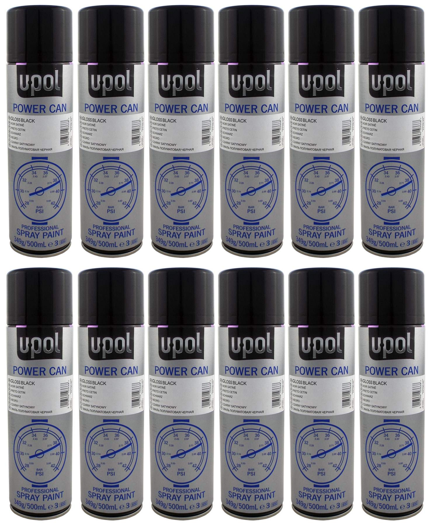 UPOL U-Pol 12 x Power Can GLOSS BLACK Paint Can 500ml Aerosol Powercan Gloss Black - High gloss, durable top coat Car Wheel Body Paint 12 500ml Aerosol Cans