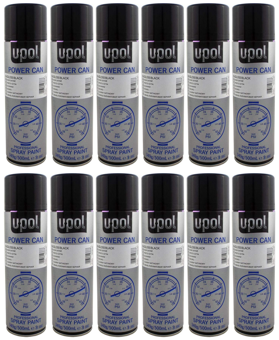 UPOL U-Pol 12 x Power Can GLOSS BLACK Paint Can 500ml Aerosol Powercan Gloss Black - High gloss, durable top coat Car Wheel Body Paint 12 500ml Aerosol Cans
