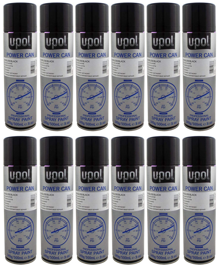 UPOL U-Pol 12 x Power Can GLOSS BLACK Paint Can 500ml Aerosol Powercan Gloss Black - High gloss, durable top coat Car Wheel Body Paint 12 500ml Aerosol Cans