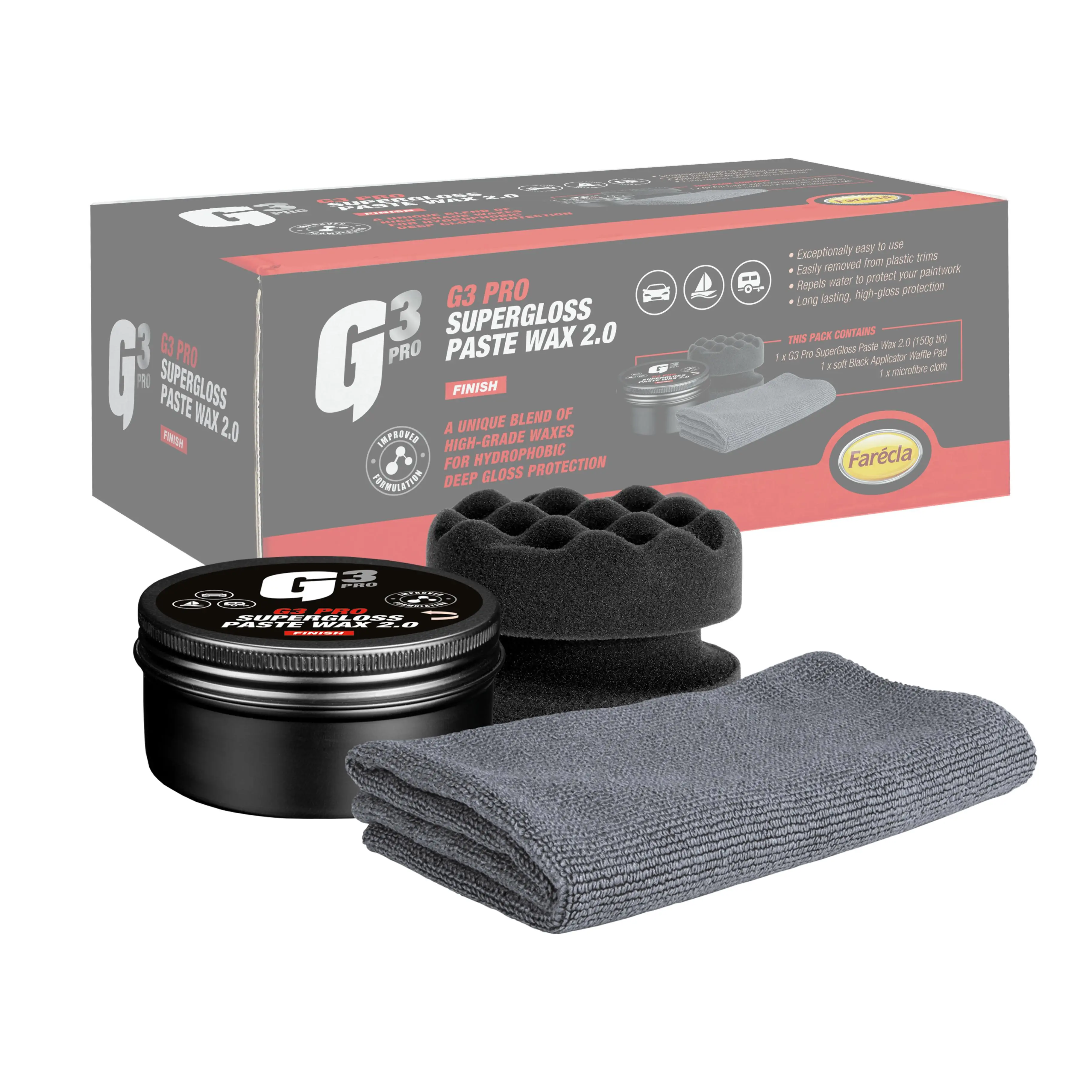 FARECLA G3 Pro SuperGloss Paste Wax 2.0 - 150g – Premium Carnauba Wax with Accessories