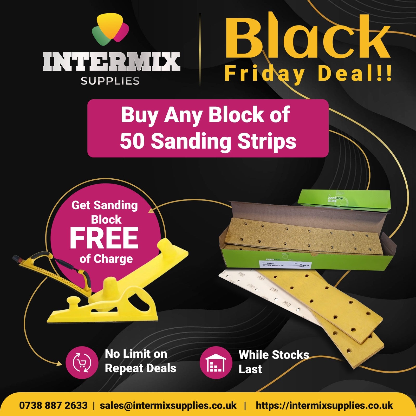 Promotional advertisement for Intermix Supplies' Black Friday deal on sanding strips and blocks.
