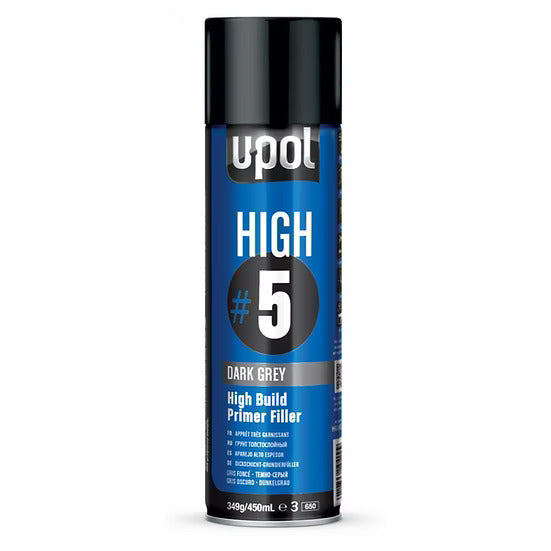 UPOL HIGH5 SPRAY CAN HIGH BUILD DARK GREY PRIMER - 450ML, FAST DRYING AEROSOL PAINT PRIMER FILLER
