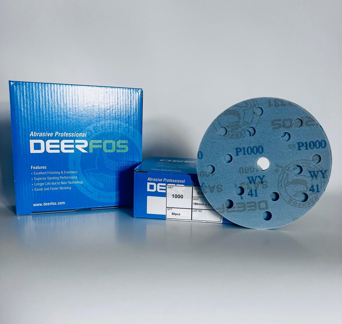 150mm 6 inch Wet and Dry Sanding Discs 15 Hole Pads Film Hook and Loop Sandpaper DEERFOS Pack of 50 P1000