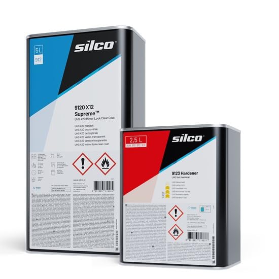 Silco 9120 UHS High-Gloss Clear Coat & 9123 Fast Hardener – 5L Clear + 2.5L Hardener, Wet Look, Deep Gloss for Auto Finishes