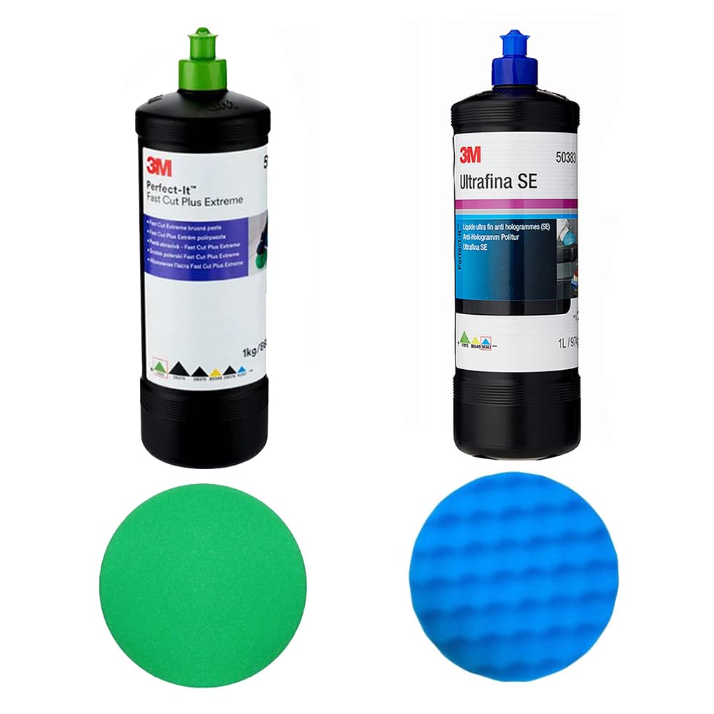 3M 51815 Fast Cut Plus Extreme Highly abrasive polishing paste + 3M 50383 Ultrafina SE Finishing Anti-hologram Compound + 2x 3M Polishing pads one of each pad (150 mm)