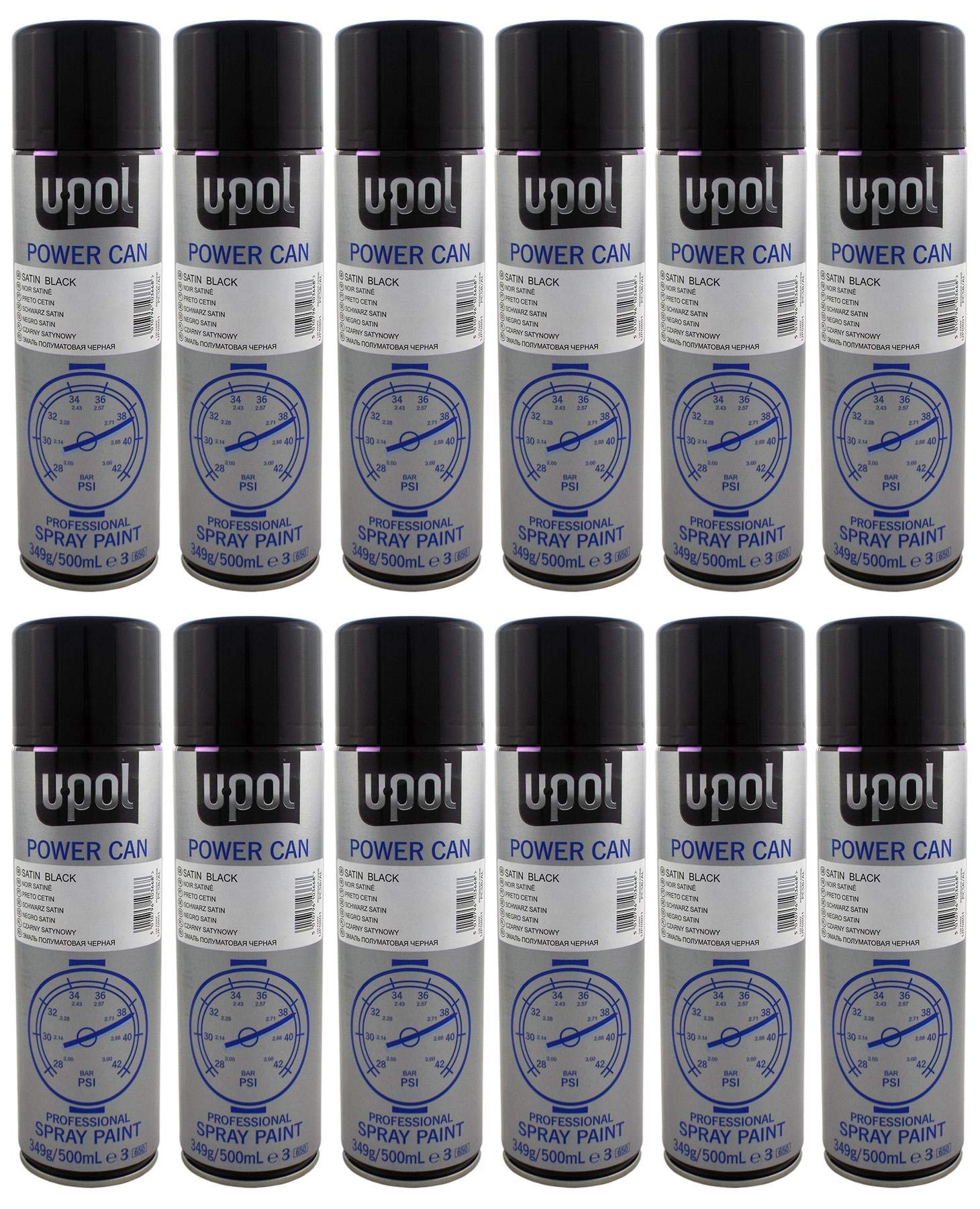 U-POL 12 x Power Can SATIN BLACK Paint 500ml Aerosol UPol Powercan Satin Black - Durable top coat with a satin finish 12 x 500ml Aerosol Cans
