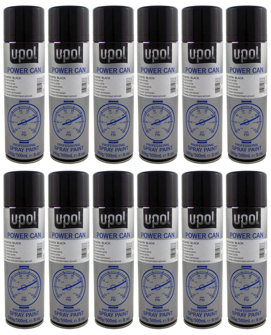 U-POL 12 x Power Can SATIN BLACK Paint 500ml Aerosol UPol Powercan Satin Black - Durable top coat with a satin finish 12 x 500ml Aerosol Cans