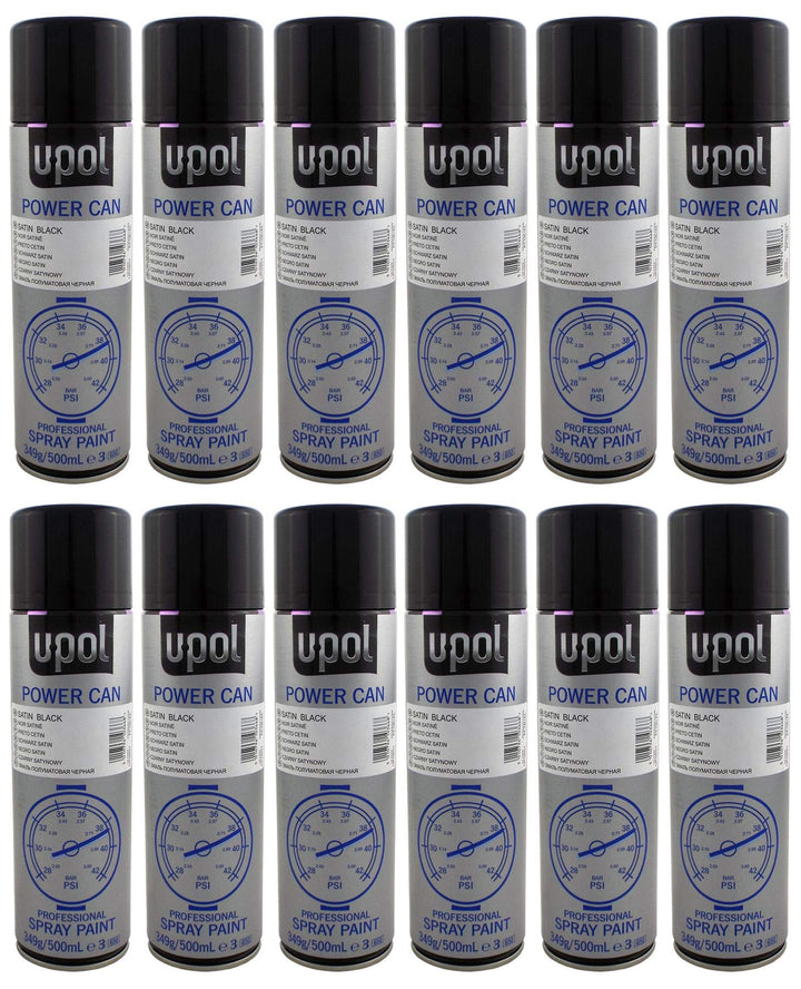 U-POL 12 x Power Can SATIN BLACK Paint 500ml Aerosol UPol Powercan Satin Black - Durable top coat with a satin finish 12 x 500ml Aerosol Cans