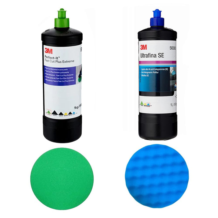 3M 51815 Fast Cut Plus Extreme Highly abrasive polishing paste + 3M 50383 Ultrafina SE Finishing Anti-hologram Compound + 2x 3M Polishing pads (150 mm)