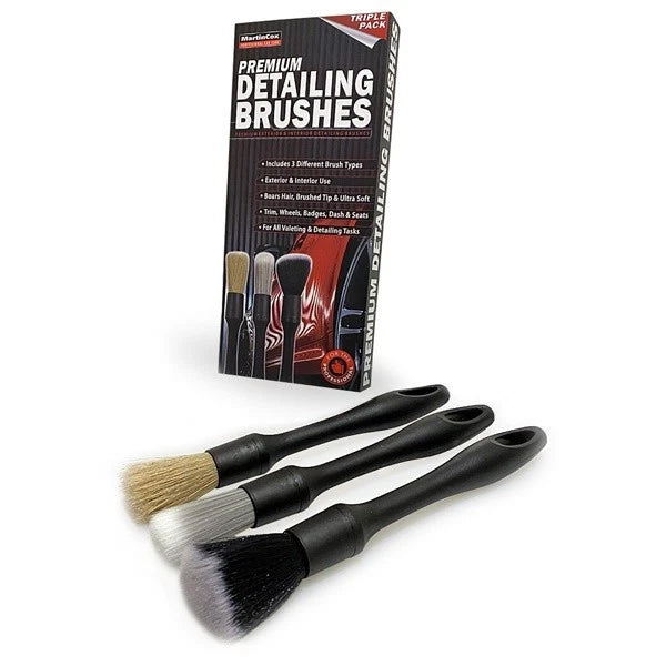 3-Pack Automotive Detailing Brushes, Natural Boars Hair, Grey Synthetic & Soft Black Synthetic Bristles, Multi-Purpose Interior & Exterior Cleaning for Wheels, Trim, Seats, Badges & Dashboards mogg207